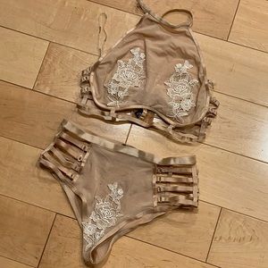 Rehab Mesh and Lace Cage Polewear Set in M